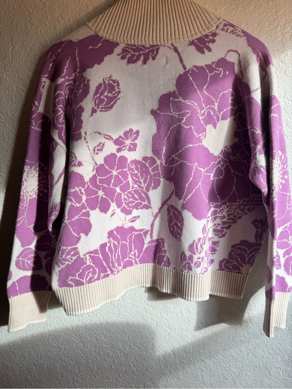 Anthropologie Maeve Montana Floral Mock-Neck Half-Zip Knit Sweater Lilac Cream - Picture 7 of 9
